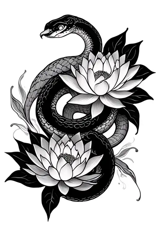 Lotus Flowers With Snake Intertwined