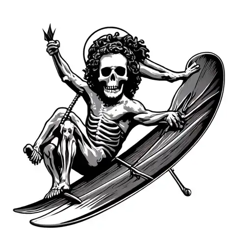 Saint Christopher Face With The Body Of A Skeleton Surfing