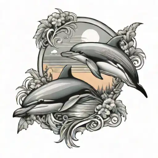 Dolphins Around Island Boy By The Sunset Background