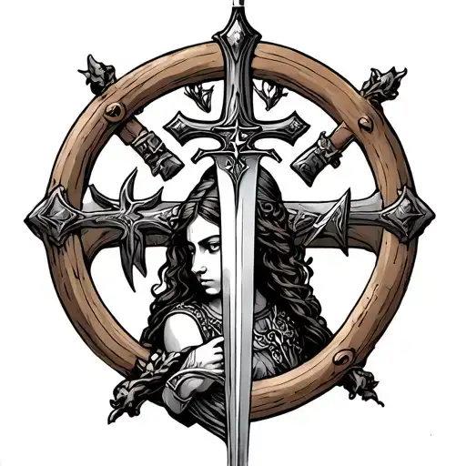 Joan Of Arc With Sword Infront And Cross Of Lorraine