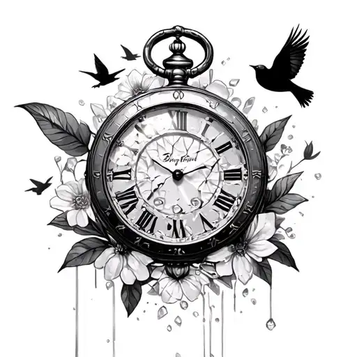 Gusset Watch With Broken Glass And Birds Flying Above And Ornamental Flowers Around