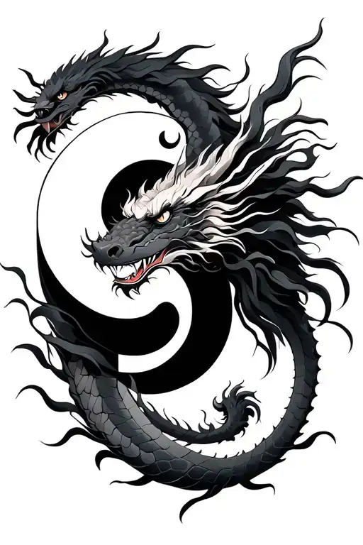 Japanese And Chinese Dragon Staring At Ying And Yang