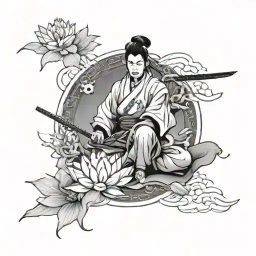 Samurai With Yin Yang Koi Fish And Lotus Flower Below