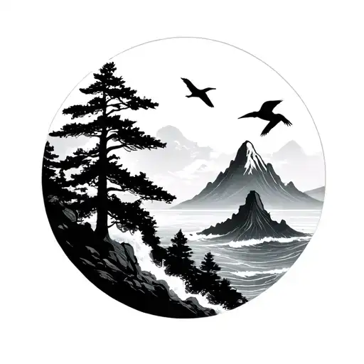 Mountain Ocean Trees Birds