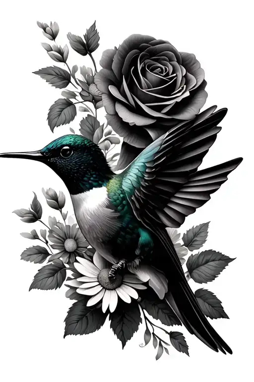 Hummingbird With Roses And Daisies