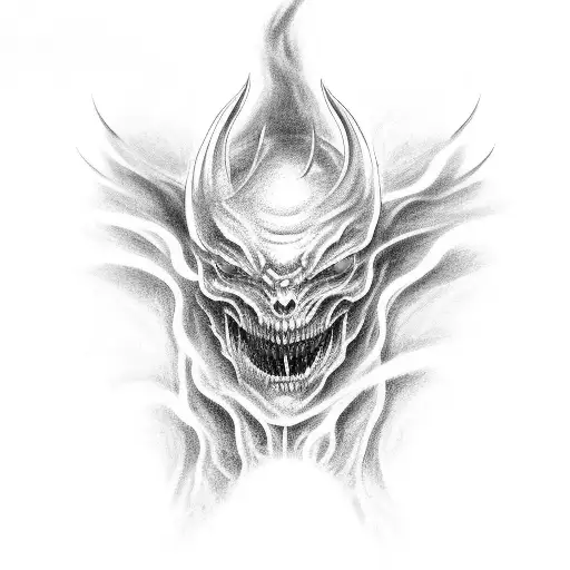 A Black-grey Tattoo Of A Demon Emerging From The Depths Of Hell