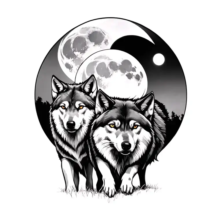 Lubo With A Moon Behind With Two Wolves In Front