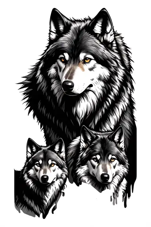 Background With A Large Wolf And Two Wolves Less In Front