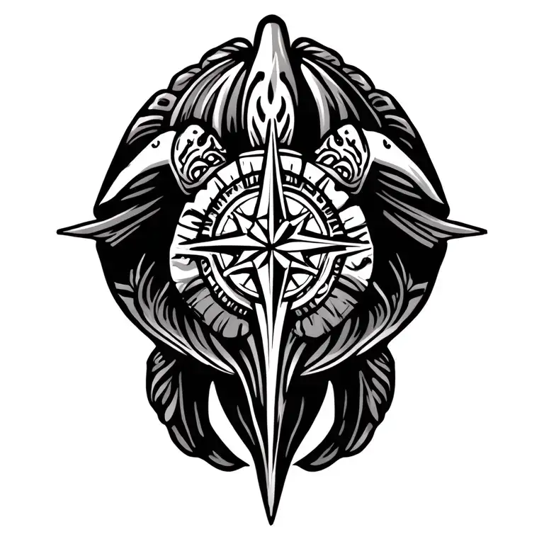 Tribal Hawaiian Turtle With Compass In Shell Pattern