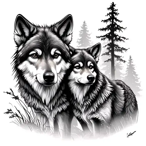 Forest With Two Wolf Cubs