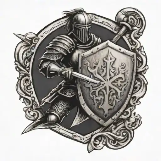 Knight Holding Shield And Sword In Defensive Stance