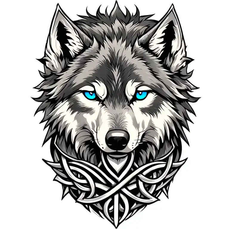 Wolf With Blue Eyes On Armor Tattoo Design Featuring Celtic Trinity Knot