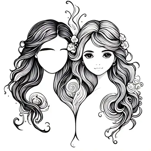 Mother And Daughter Tattoo Design With Ocean Waves