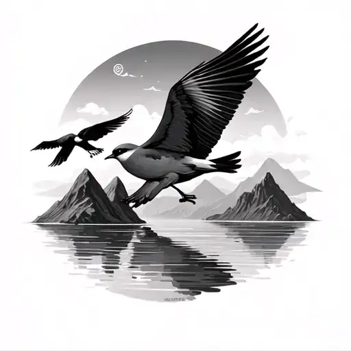 Birds And Mountains By The Water