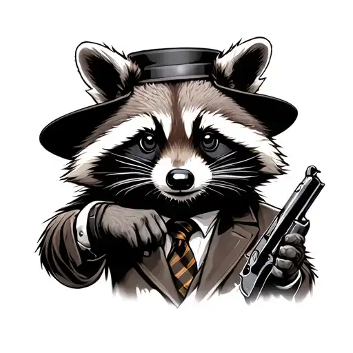 Raccoon Dressed As Mobster With A Tommy Gun