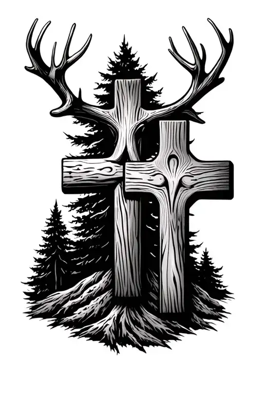 Three Wooden Crosses With Deer Antlers And Trees