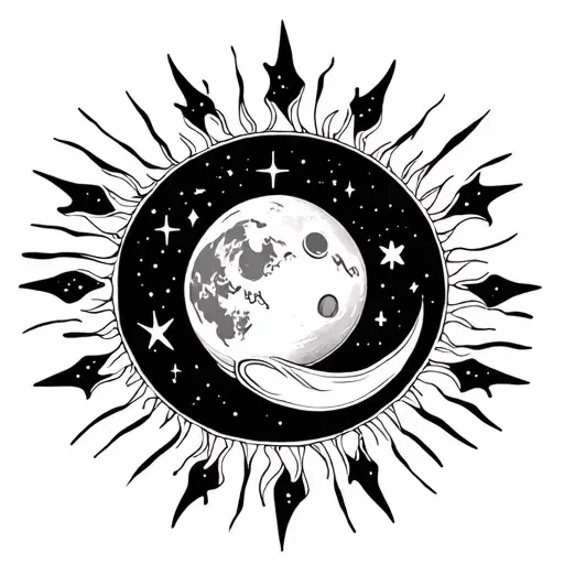 Cresent Moon Inside The Sun With Shading For Rays With Winter Triangle Constellation Outlining Sun