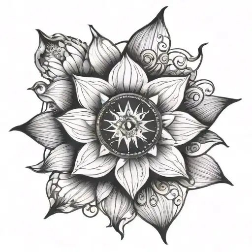 Lotus Flower Centered Inside A Compass