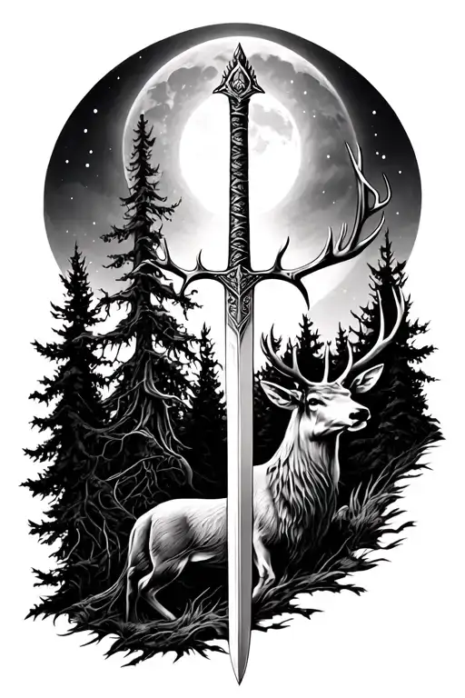 Forest With Moon And King Arthur's Sword And Stag