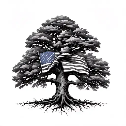 Oak Tree With 7 Branches And An American Flag Woven Into The Roots