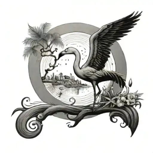 Flamingo Playing With Cat Under The Moon