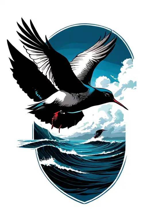 Bright Blue Ocean With Two Swallows Flying Low In The Distance