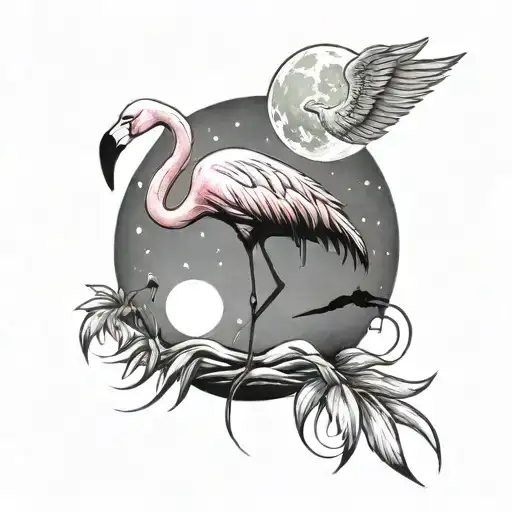 Flamingo With Cat Under The Moon