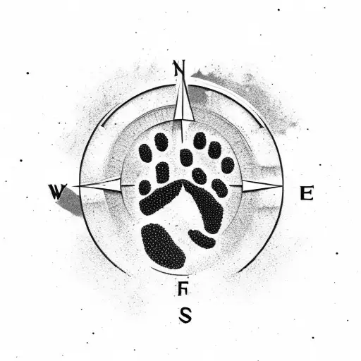 Bear Footprint Silhouette With A Landscape Inside And A Compass Around