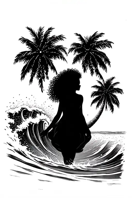 Woman With Curly Hair Walking On Beach Out Of Waves Towards Palm Trees