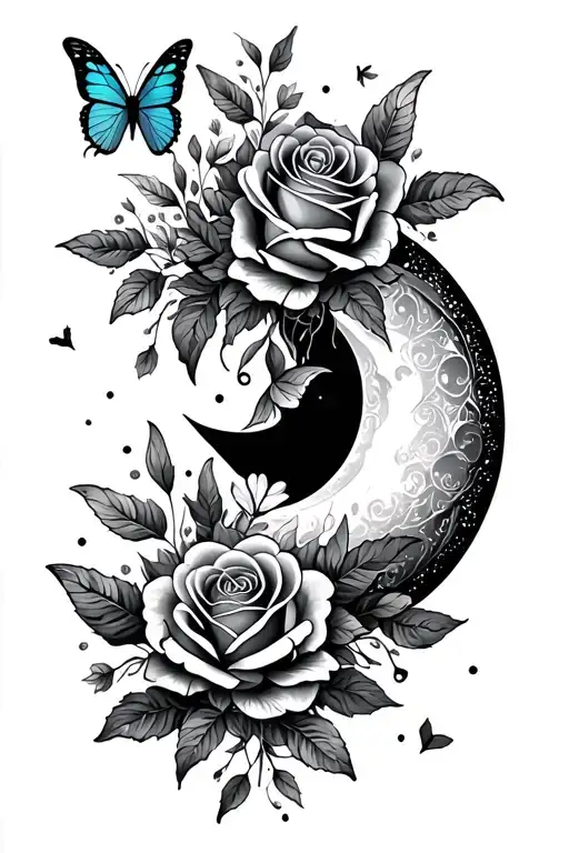 Small Butterflies And Roses And Thin Moon