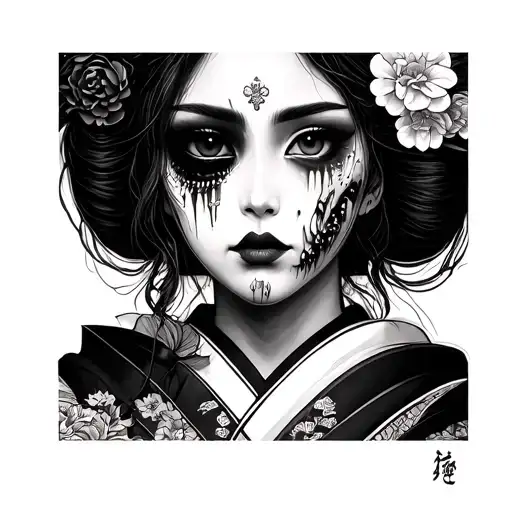 Half Zombie Girl Half Pretty Geisha Face Straight