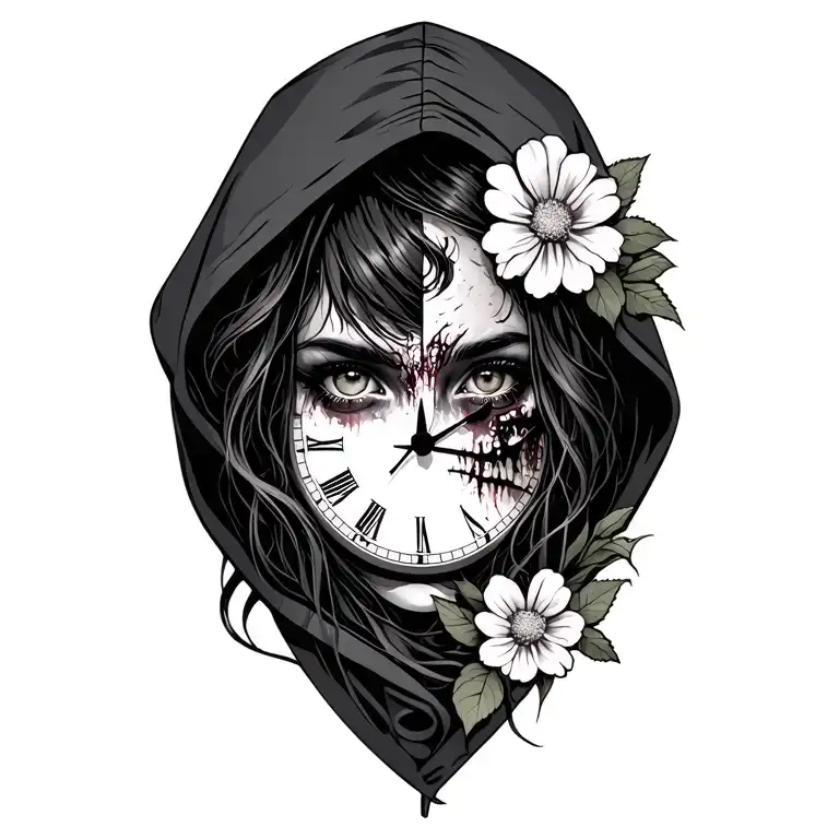 Hooded Half Zombie Girl Half Pretty Face Flower Background Including A Timepiece