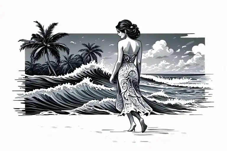 Woman With Ocean Waves As Dress Holding Hair Walking Towards Beach And Palm Trees