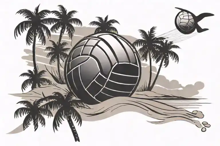 A Minimalist Black-grey Tattoo Of A Volleyball Flying Over A Sandy Beach With Palm Trees