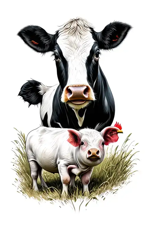 Realistic Farm Scene With Cow Pig Chicken