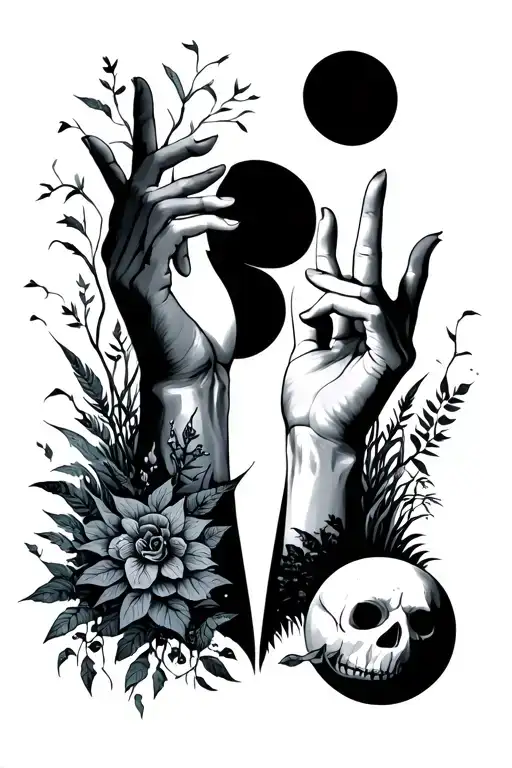 As Above So Below Hands Pointing Up And Down With Moons And Plants And Spooky