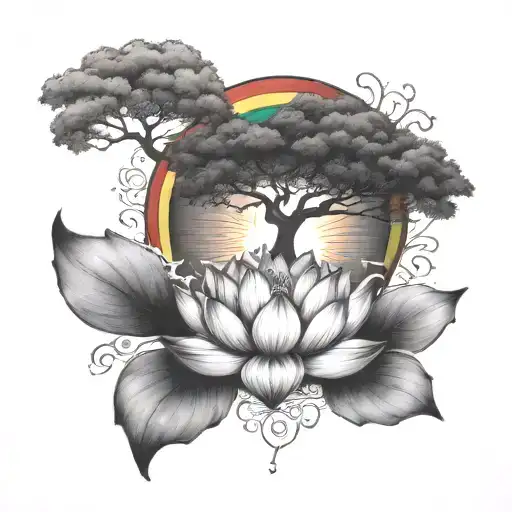 A Lotus Flower On Fire Under A Large Tree Surrounded By A Rainbow
