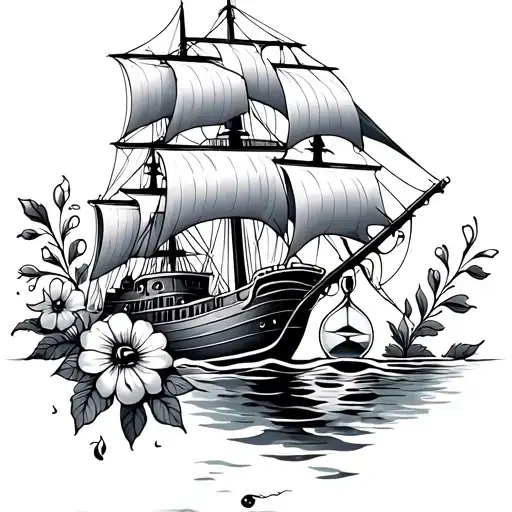 Ship Sailing With Flowers And Hourglass