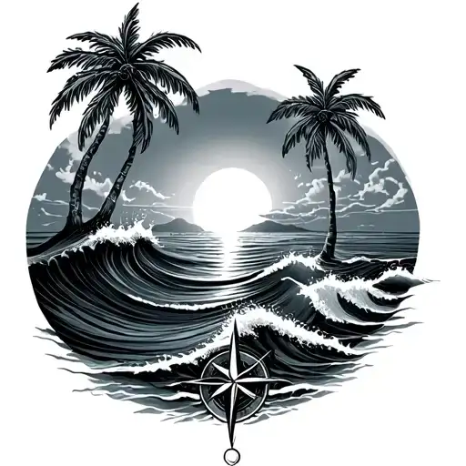 Sunset Ocean Waves With Palm Trees And Compass