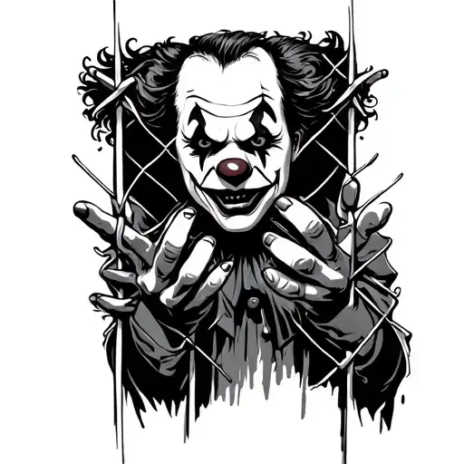 A Scary Clown Who Looks Through A Fence With Both Hands