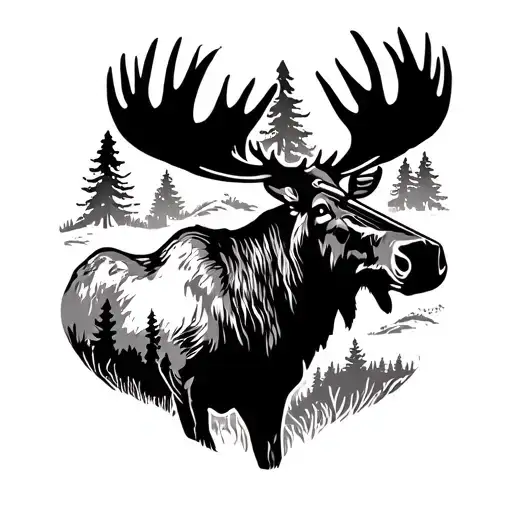 Moose Silhouette With Trees In The Background And A Lever Action Rifle At The Top