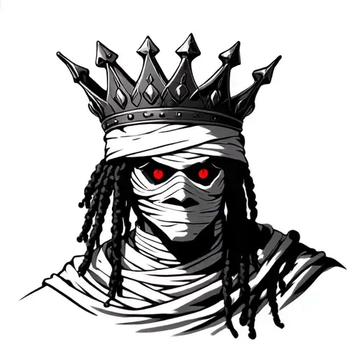 A Black And White Mummy With Bandage And Red Eyes With A King Crown And Dreads