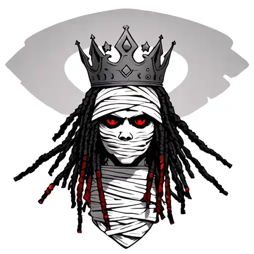 A Black And White Mummy With Bandage And Red Eyes With A King Crown And Black And Red Dreads
