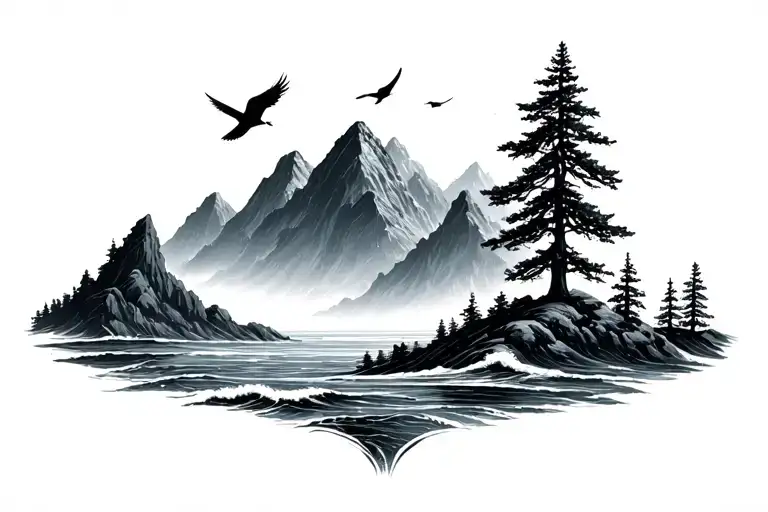 Black And White Mountains Ocean Trees Birds Simple