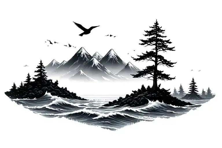 Black And White Mountains Ocean Trees Birds Simple