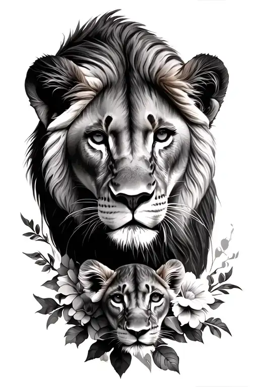 Lioness With Cub And Flowers