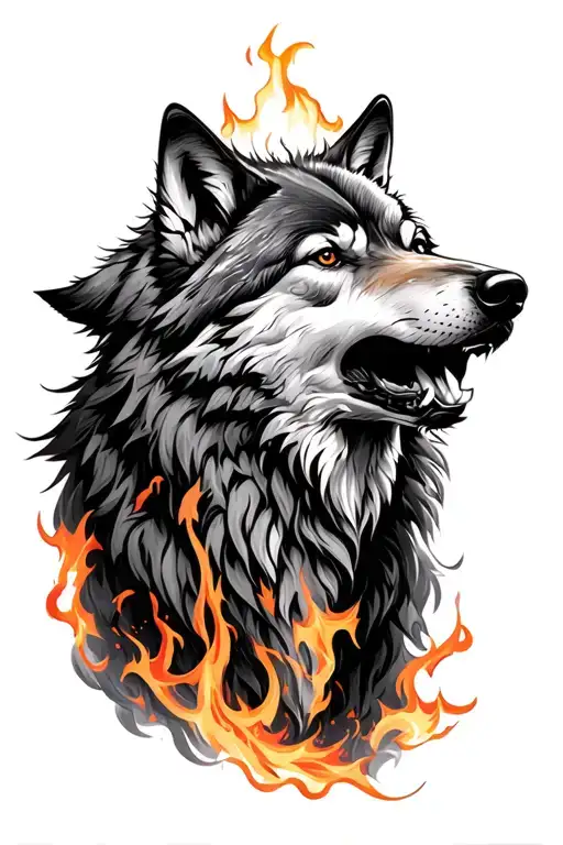 Wolf With Fire Surronding The Wolf Howling