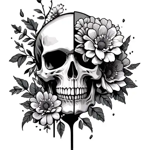 Skull That's Half Dead With Flowers Forming Symboling Giving Up