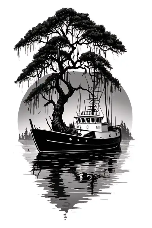 Weeping Willow Tree With Pine Trees And Wrecked Tug Boat