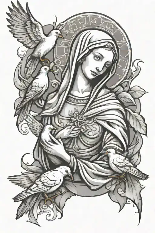 Gang Like Virgin Mary 2 Doves In A Circuler Portrait Style